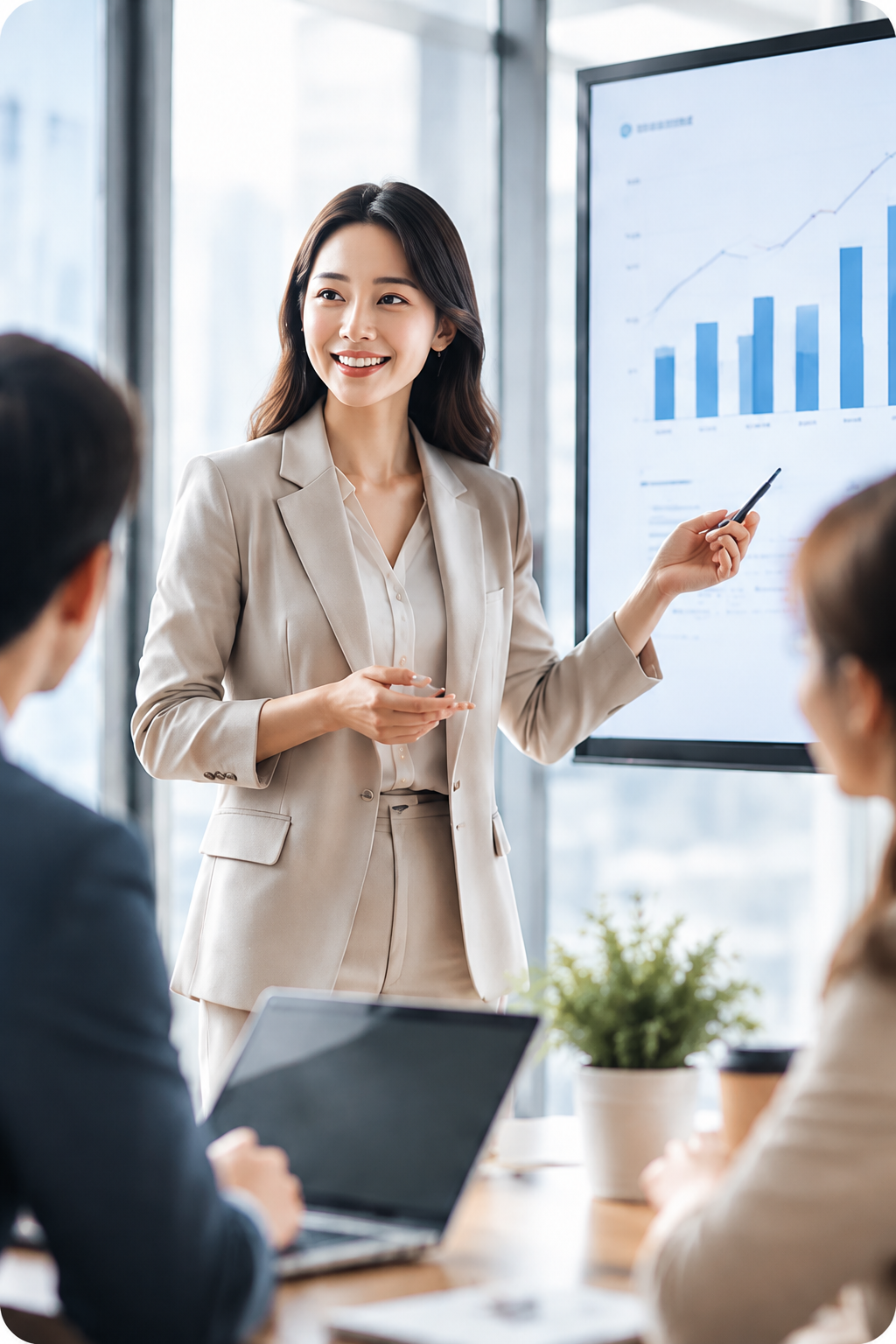 女性在会议中向团队讲解业务方案